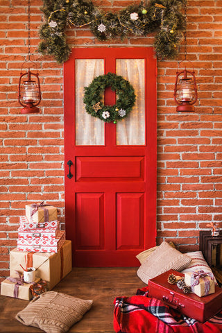 Christmas Decorated Front Door Wreaths Backdrop UK M6-145