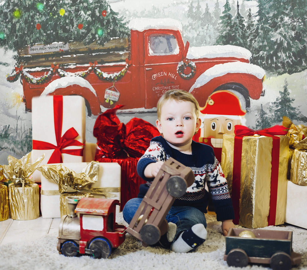 Christmas Red Truck Snowy Forest Tree Backdrop UK M6-148