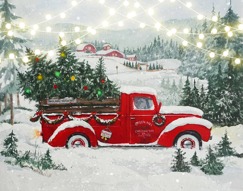 Christmas Red Truck Snowy Forest Tree Backdrop UK M6-148