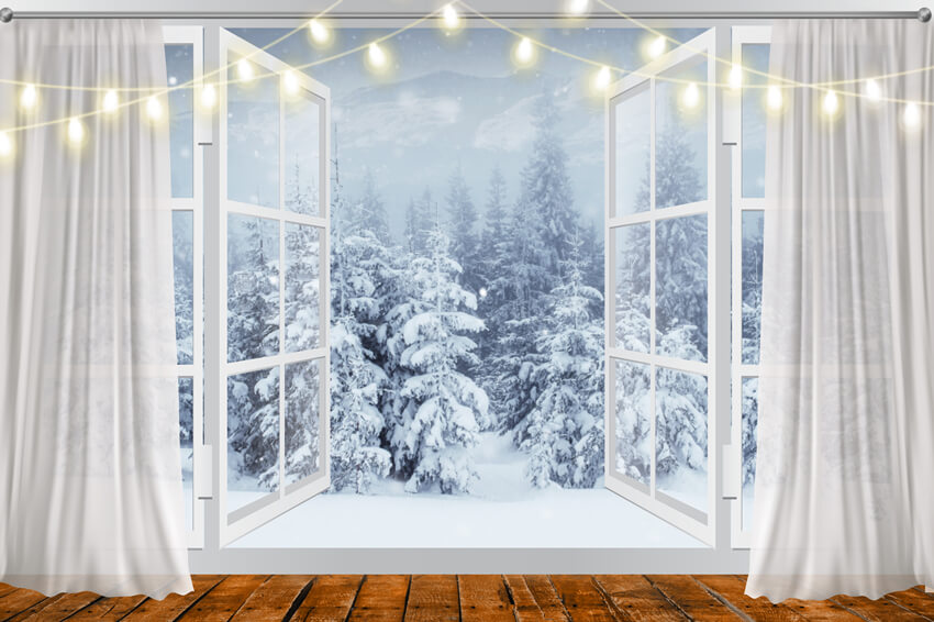 Window Winter Snowy Scenery Pine Tree Backdrop UK M6-151