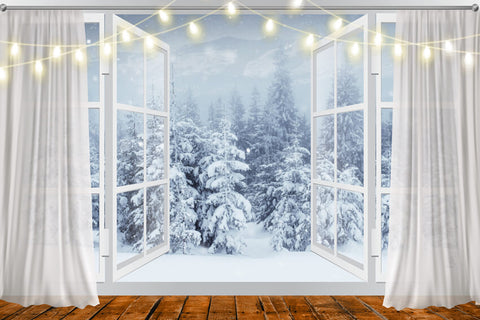Window Winter Snowy Scenery Pine Tree Backdrop UK M6-151