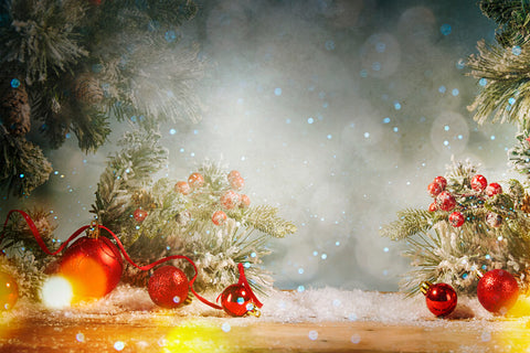 Christmas Balls Snowy Fir Bokeh Backdrop UK M6-44