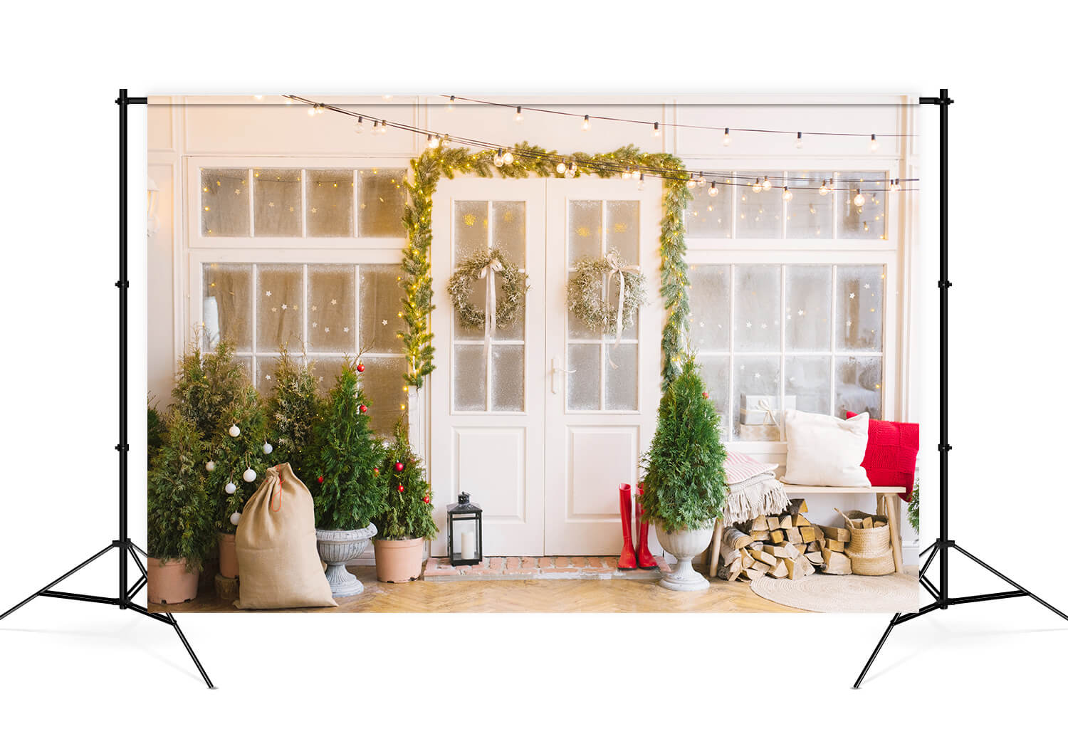 Christmas Tree Decorated Door Porch Backdrop UK M6-86