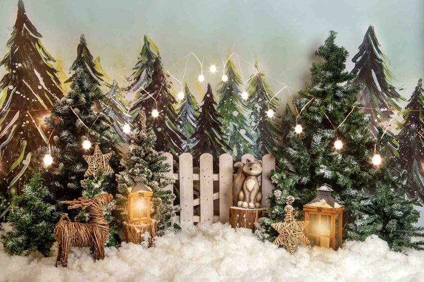 Snowy Forest Elk Christmas Photography Backdrop UK M6-90
