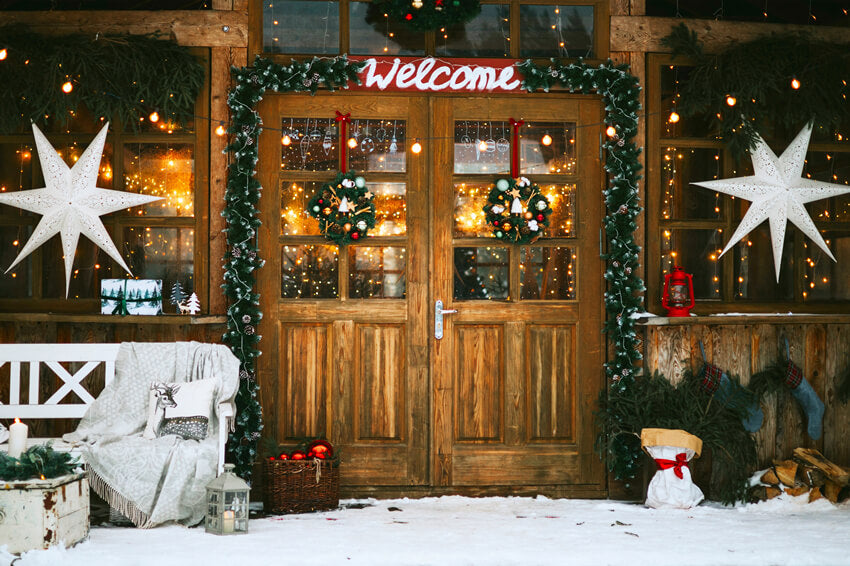 Christmas Lights Decorated Village House Backdrop UK M6-91