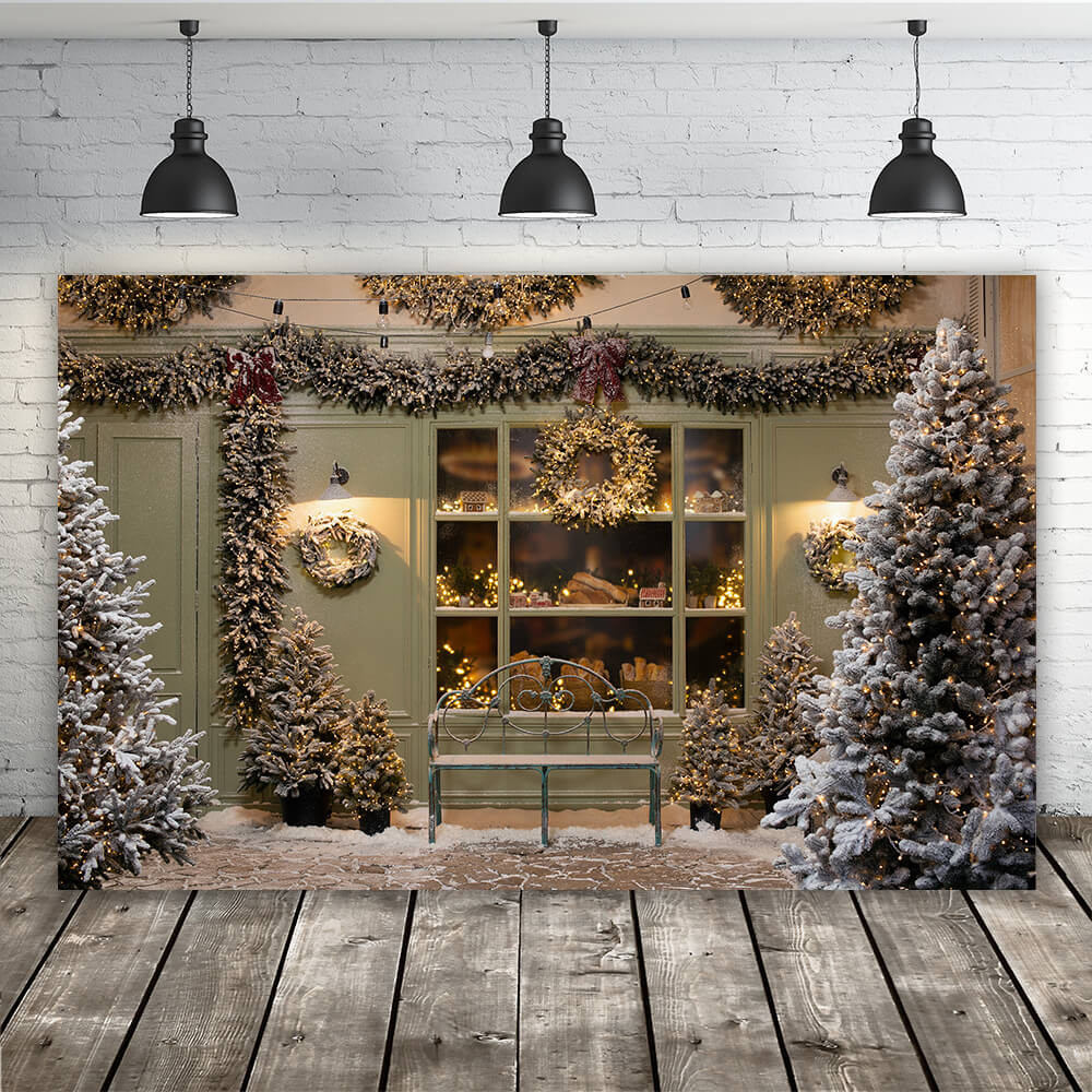 Christmas Tree Bakery Window Snow Backdrop UK M6-92