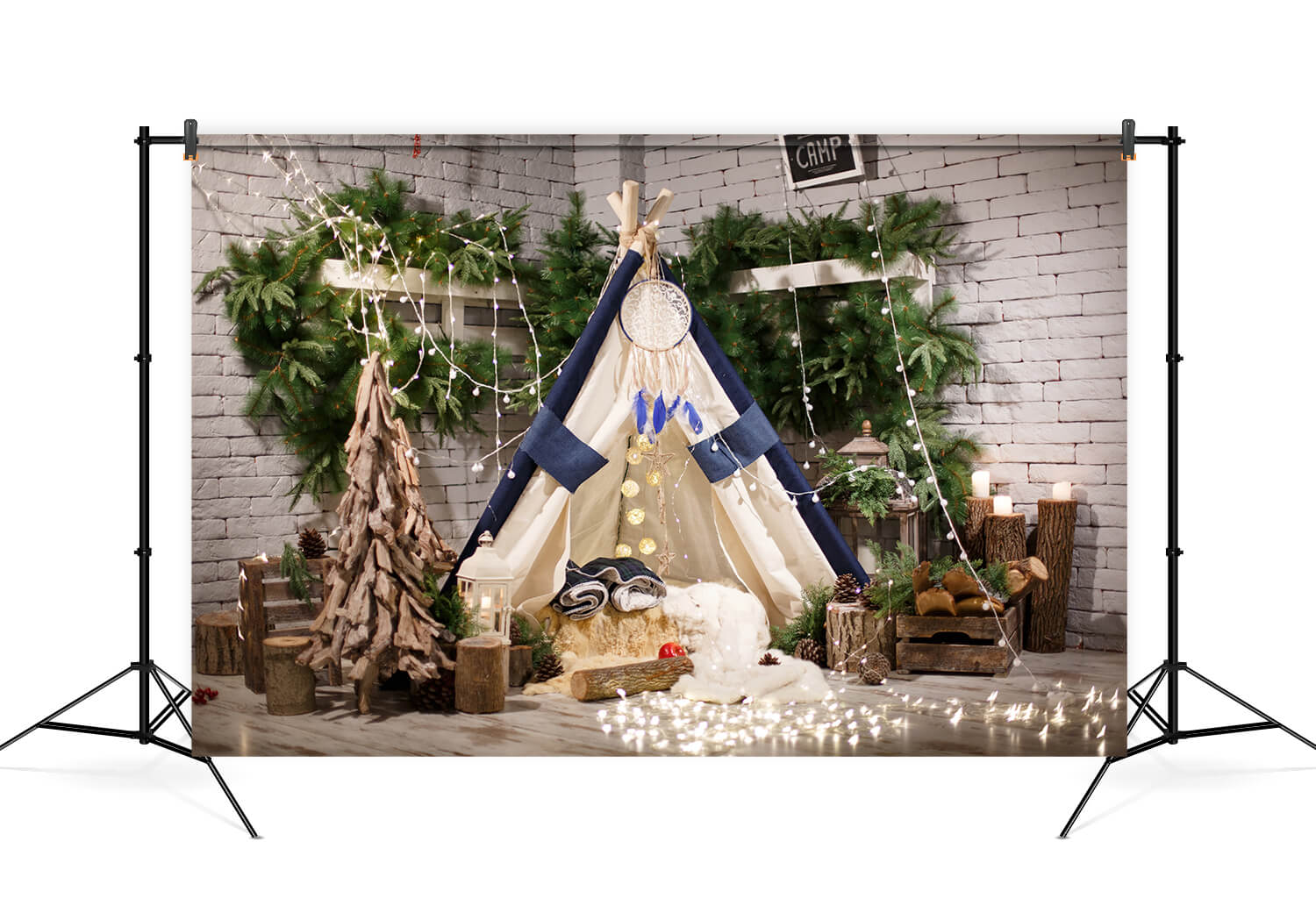 Wooden Christmas Tree Little Tent Lights Backdrop UK M6-95