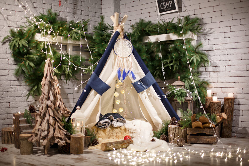 Wooden Christmas Tree Little Tent Lights Backdrop UK M6-95