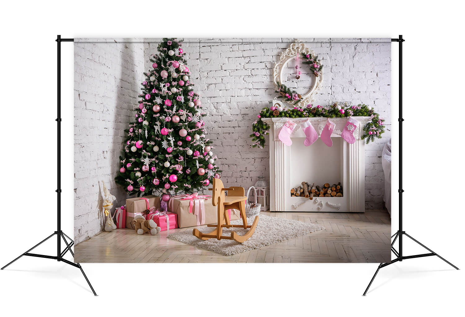 Christmas Tree Pink Socks Fireplace Backdrop UK M7-12