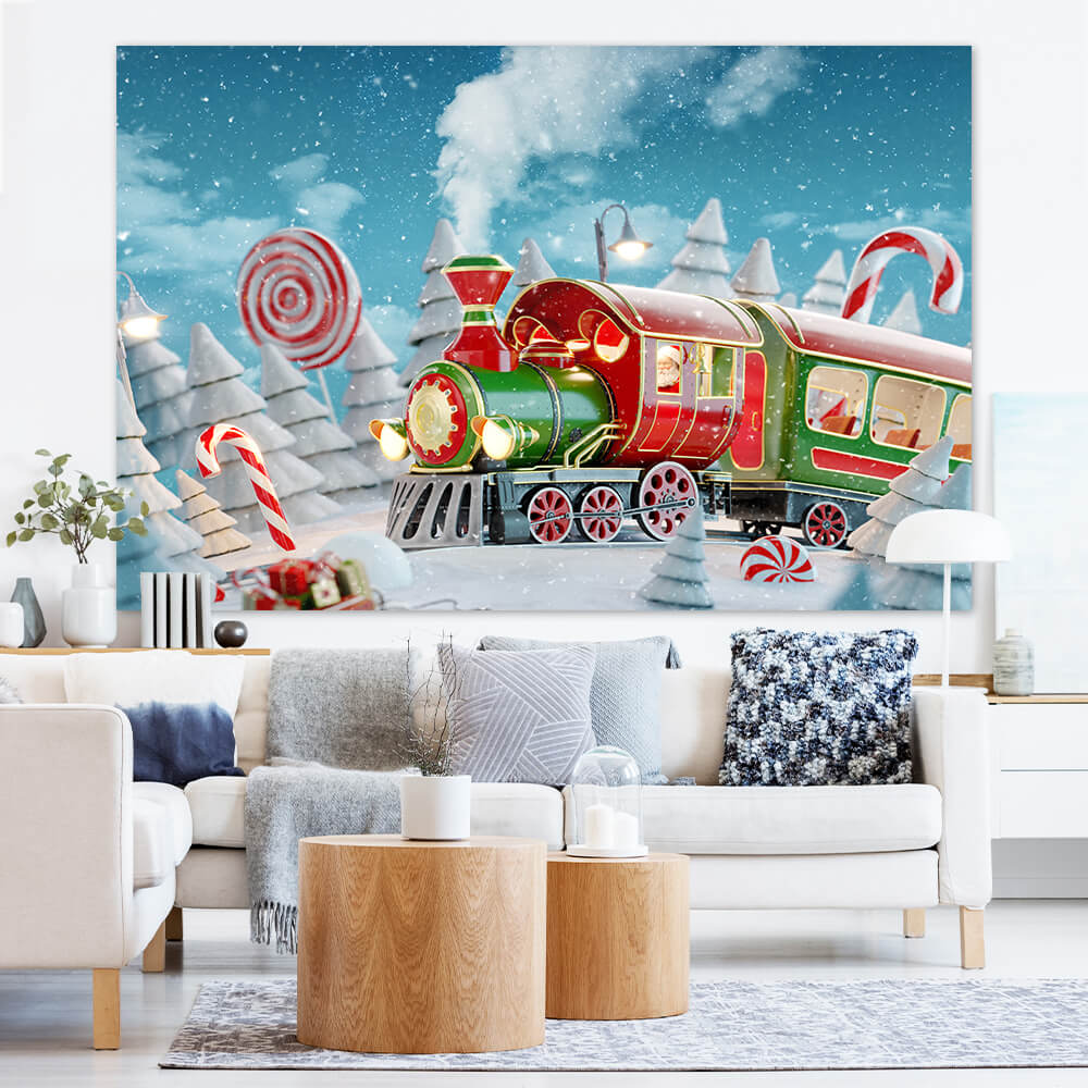 Winter Snowy Christmas Red Candy Train Backdrop UK M7-30