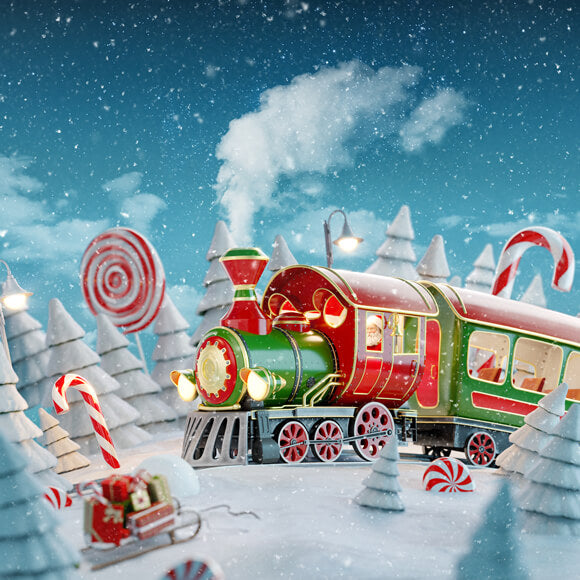 Winter Snowy Christmas Red Candy Train Backdrop UK M7-30