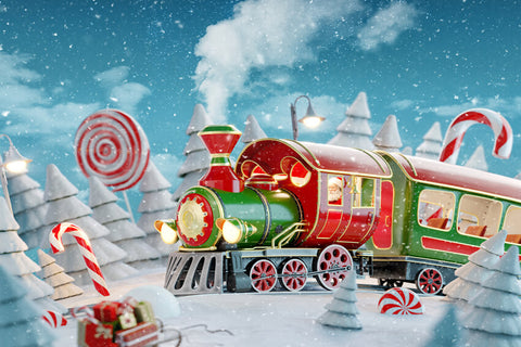 Winter Snowy Christmas Red Candy Train Backdrop UK M7-30