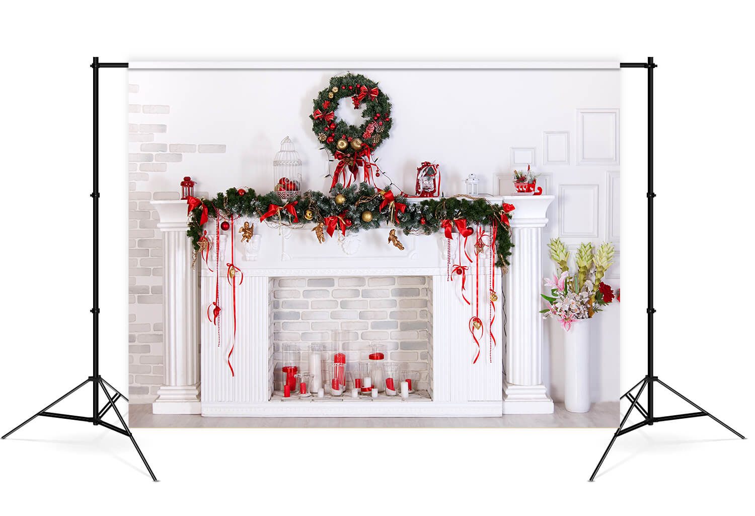 Christmas Fireplace Wreath Photography Backdrop UK M7-41