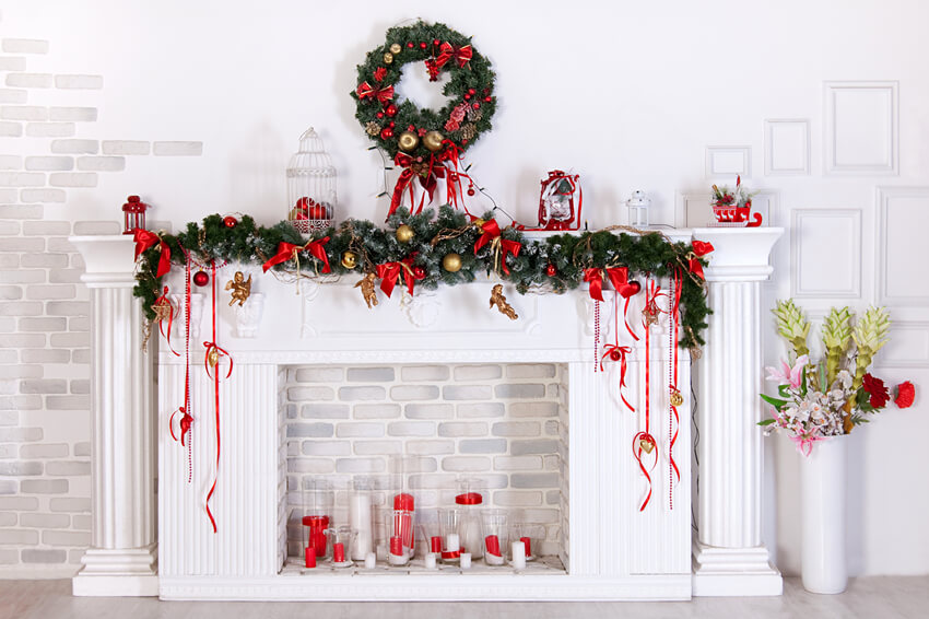 Christmas Fireplace Wreath Photography Backdrop UK M7-41