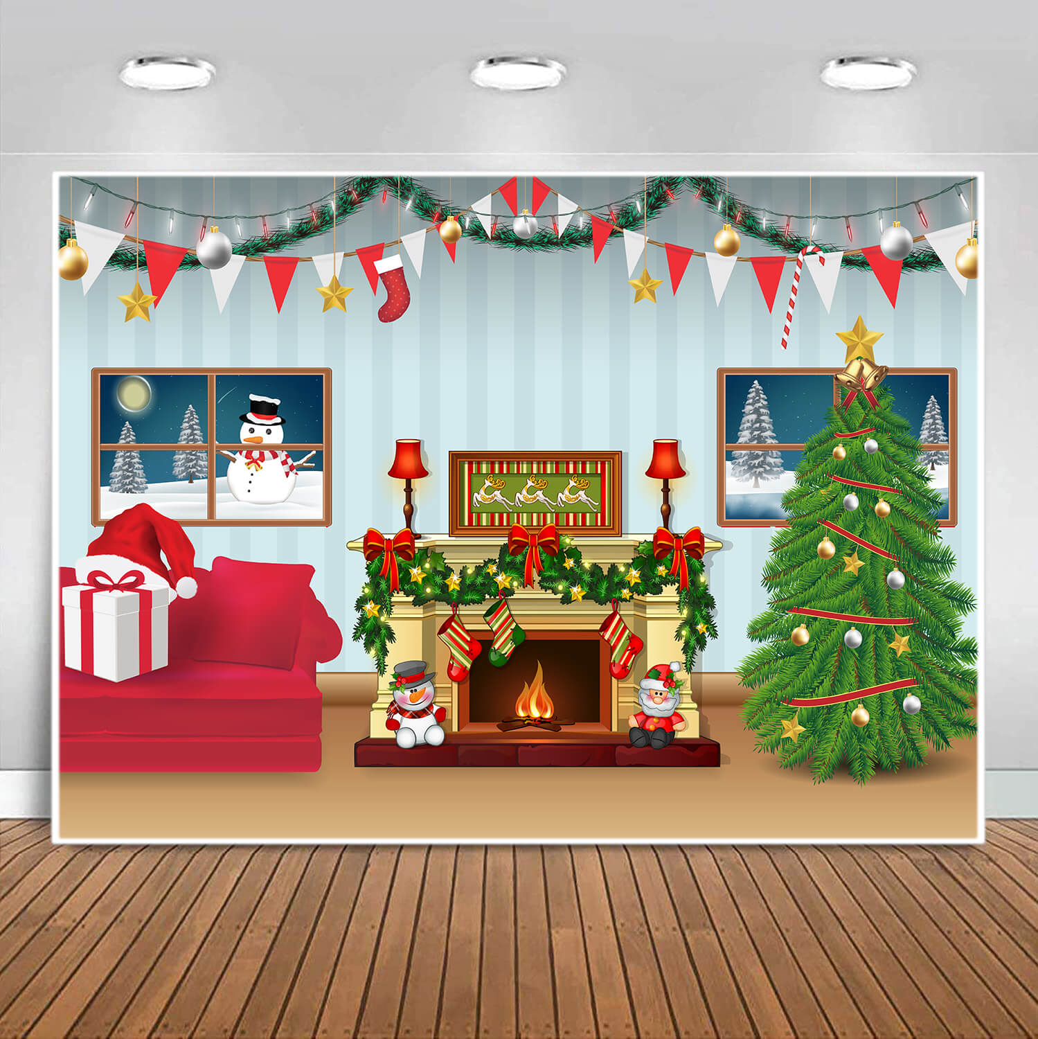 Christmas Decorated Living Room Cartoon Backdrop UK M7-49