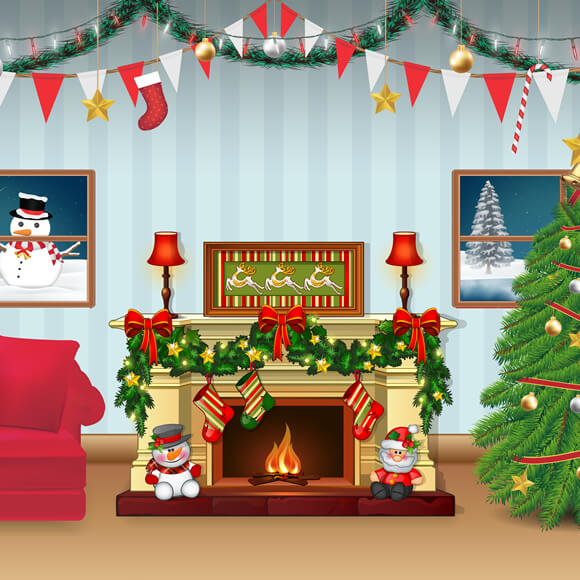 Christmas Decorated Living Room Cartoon Backdrop UK M7-49