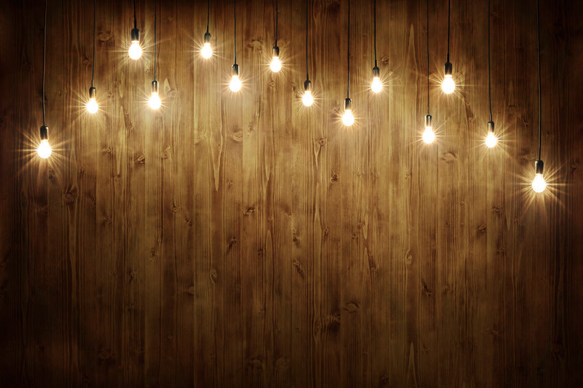 Rustic Wood Wall Backdrop with Light Bulbs UK M7-80