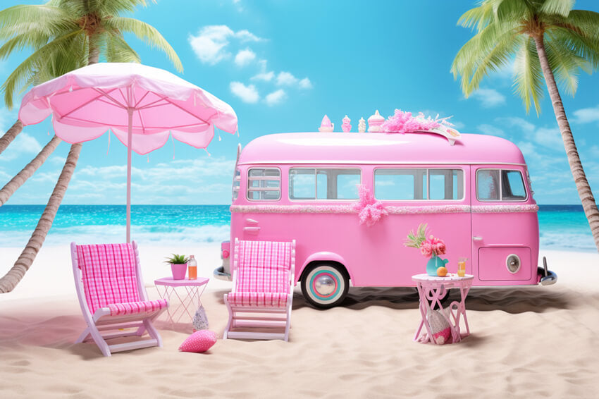 Summer Fashion Doll Beach Pink Bus Backdrop UK M7-87