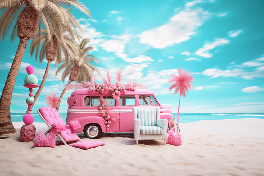 Fantasy Dolly Pink Bus Beach Photography Backdrop UK M7-88