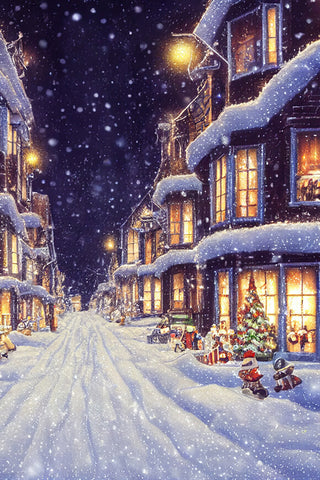 Winter Snowy Cozy Night Street Backdrop UK M8-06