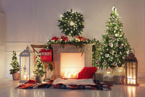 Beautiful Fireplace Fir Decor Christmas Backdrop UK M8-20