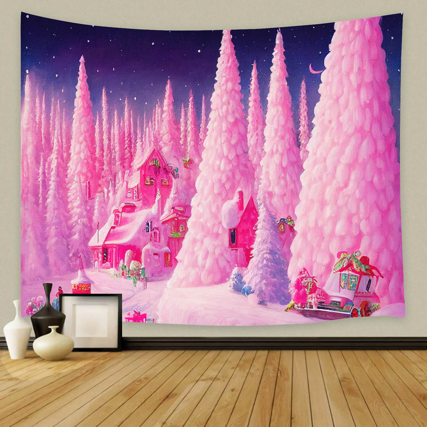 Dreamy Pink Gingerbread House Trees Backdrop UK M8-41