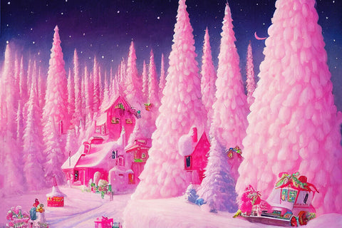 Dreamy Pink Gingerbread House Trees Backdrop UK M8-41
