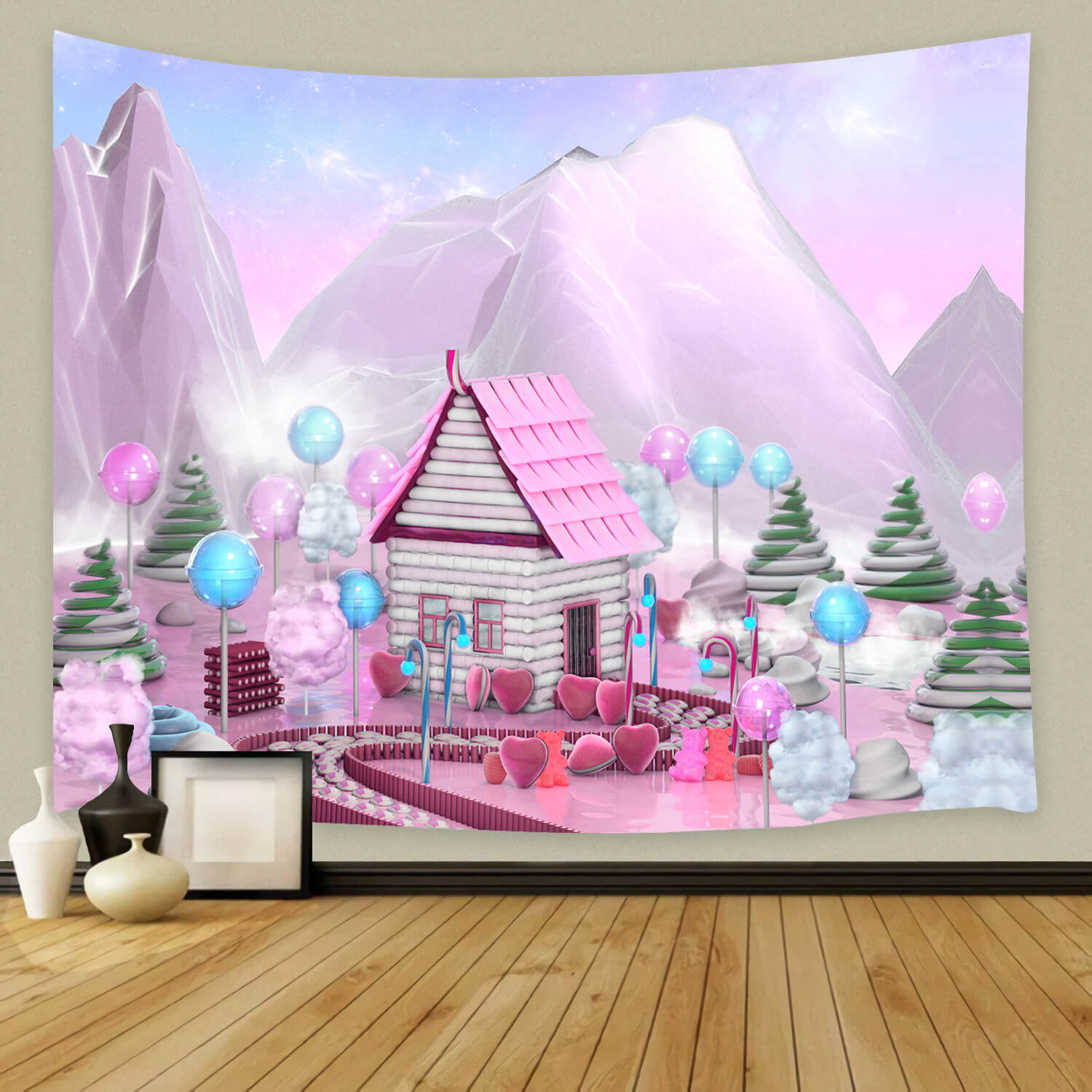 Pink Cartoon Candy House Mountain Backdrop UK M8-43