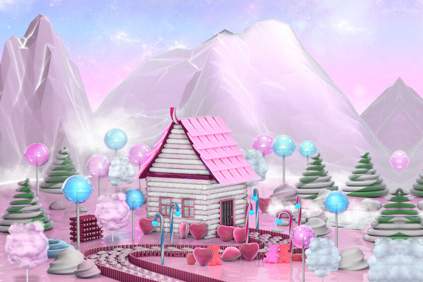 Pink Cartoon Candy House Mountain Backdrop UK M8-43