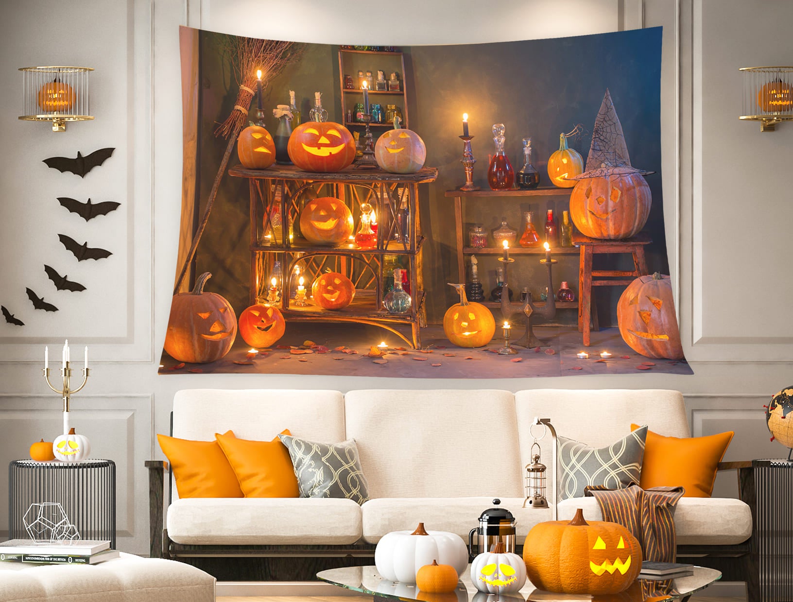 Spooky Interior Halloween Pumpkins Backdrop UK M8-48