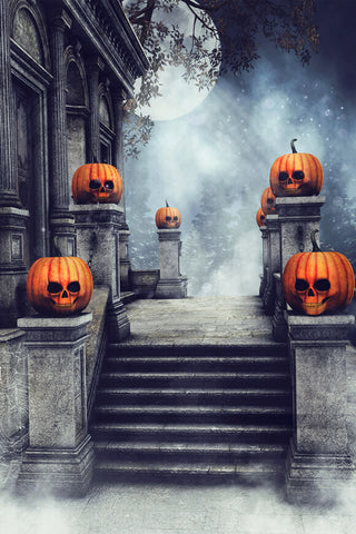 Mysterious Forest Castle Stairs Pumpkin Backdrop UK M8-59