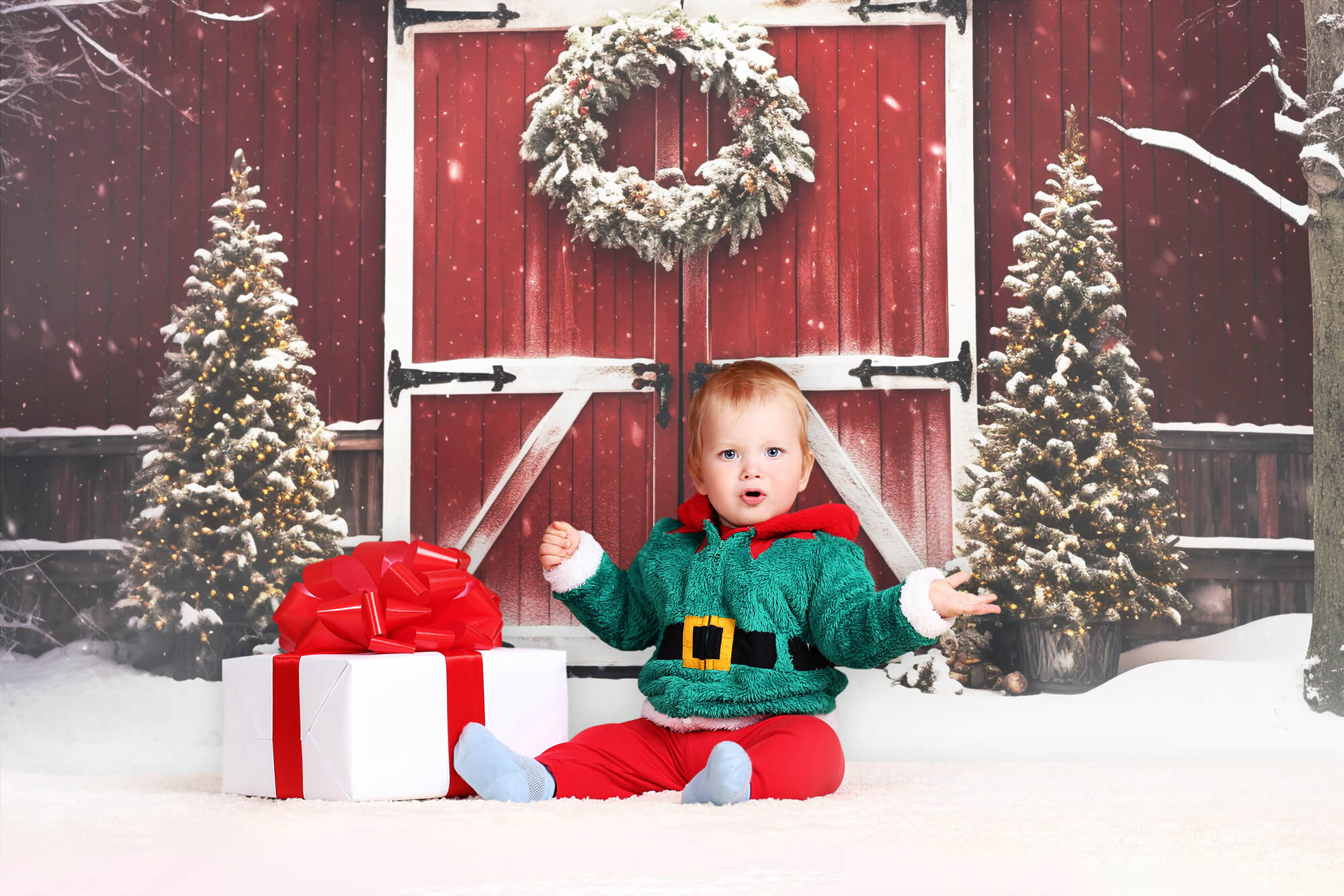 Christmas Snowy Tree Red Barn Backdrop UK M8-64