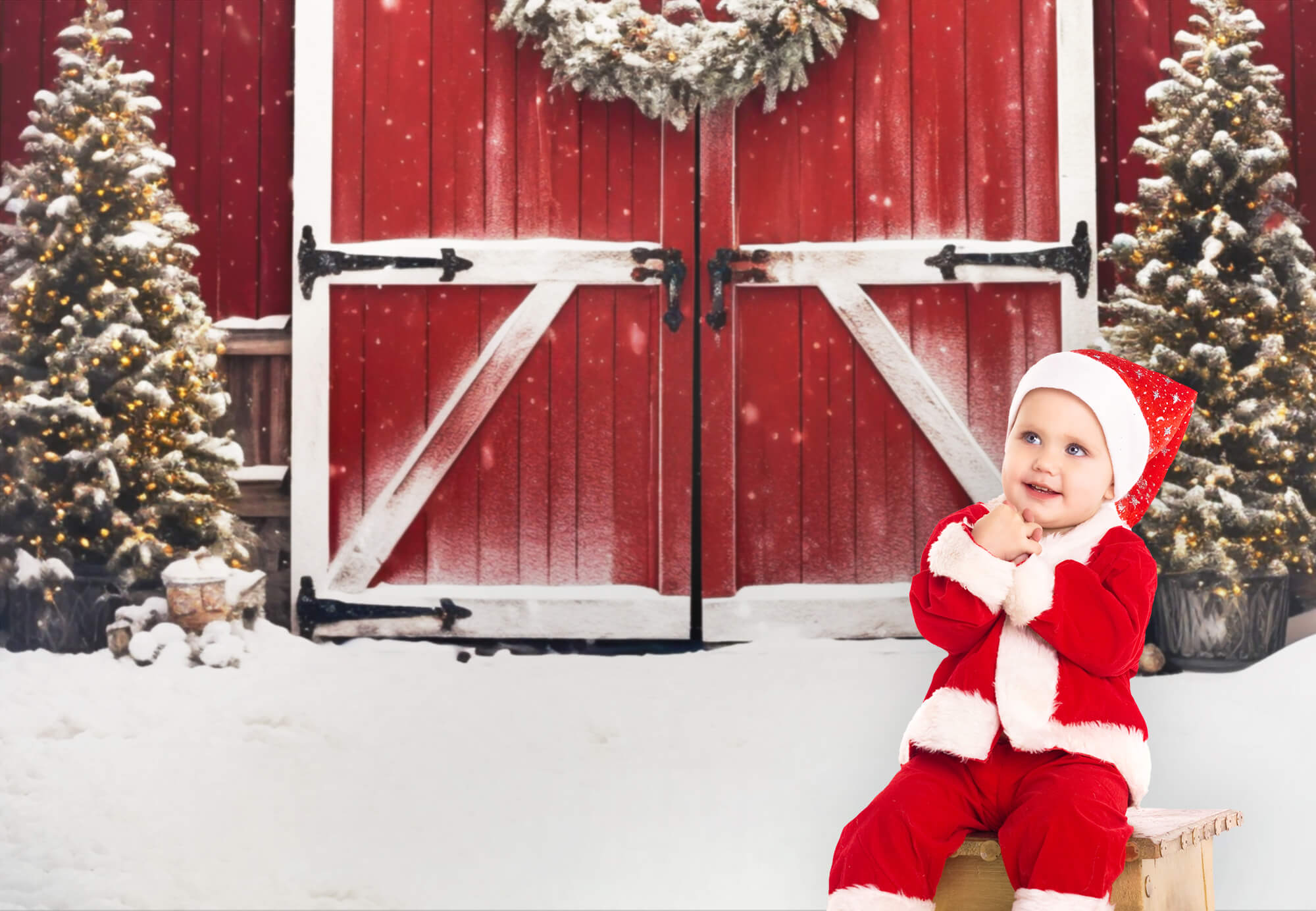 Christmas Snowy Tree Red Barn Backdrop UK M8-64