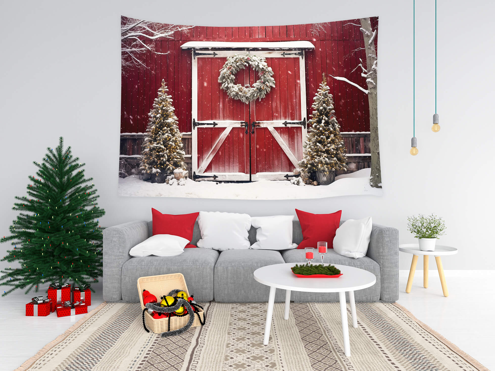 Christmas Snowy Tree Red Barn Backdrop UK M8-64