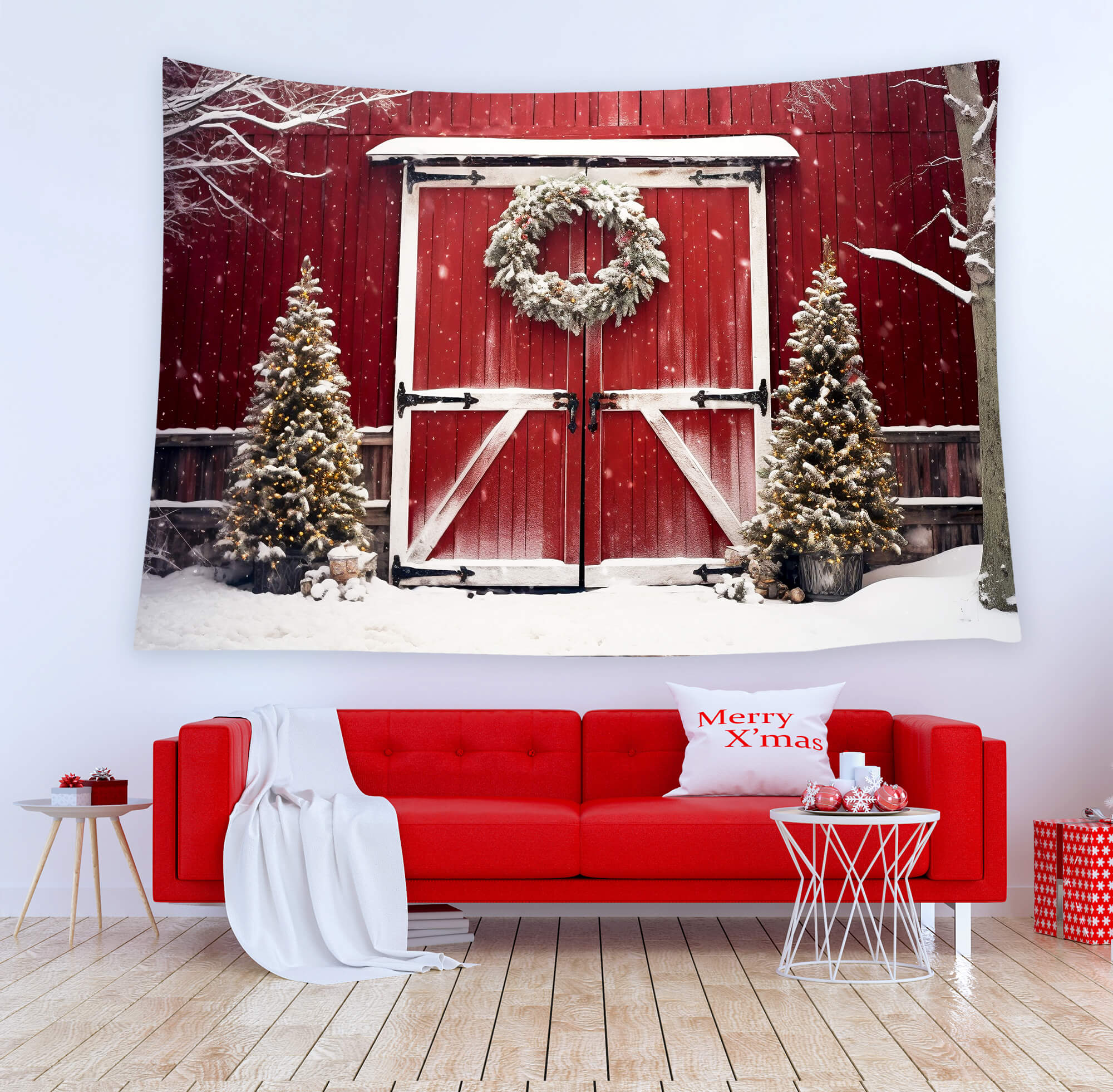 Christmas Snowy Tree Red Barn Backdrop UK M8-64