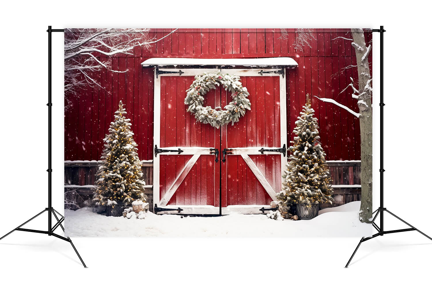 Christmas Snowy Tree Red Barn Backdrop UK M8-64