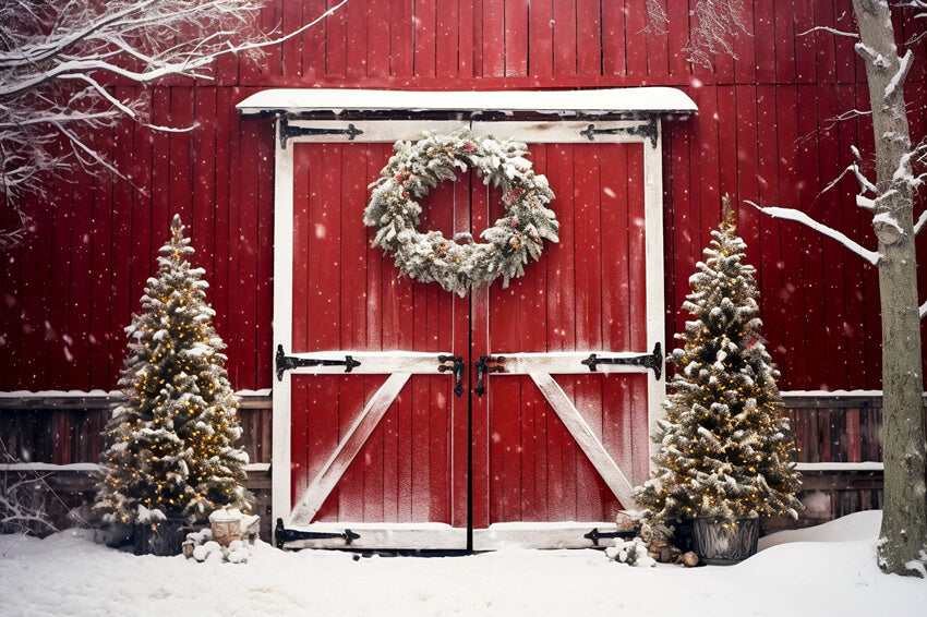 Christmas Snowy Tree Red Barn Backdrop UK M8-64