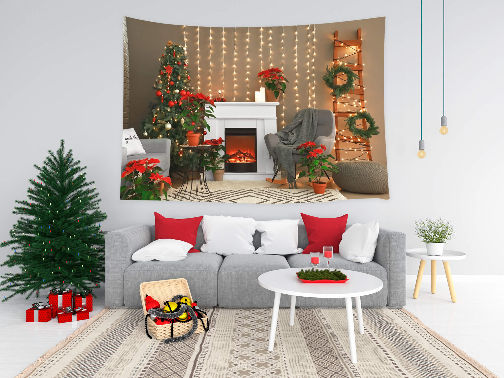 Christmas Cozy Fireplace Lights Tree Backdrop UK M8-69