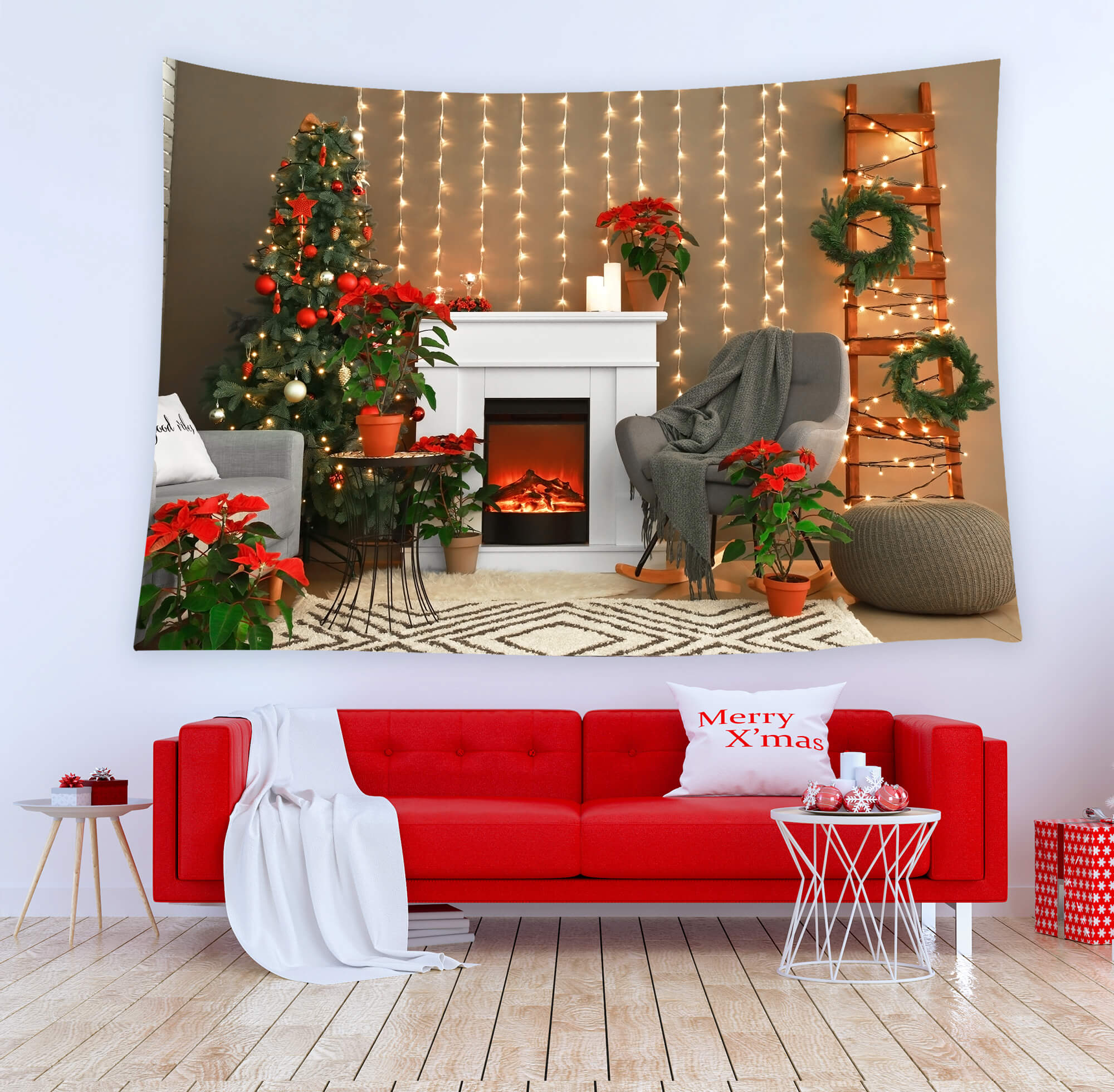 Christmas Cozy Fireplace Lights Tree Backdrop UK M8-69