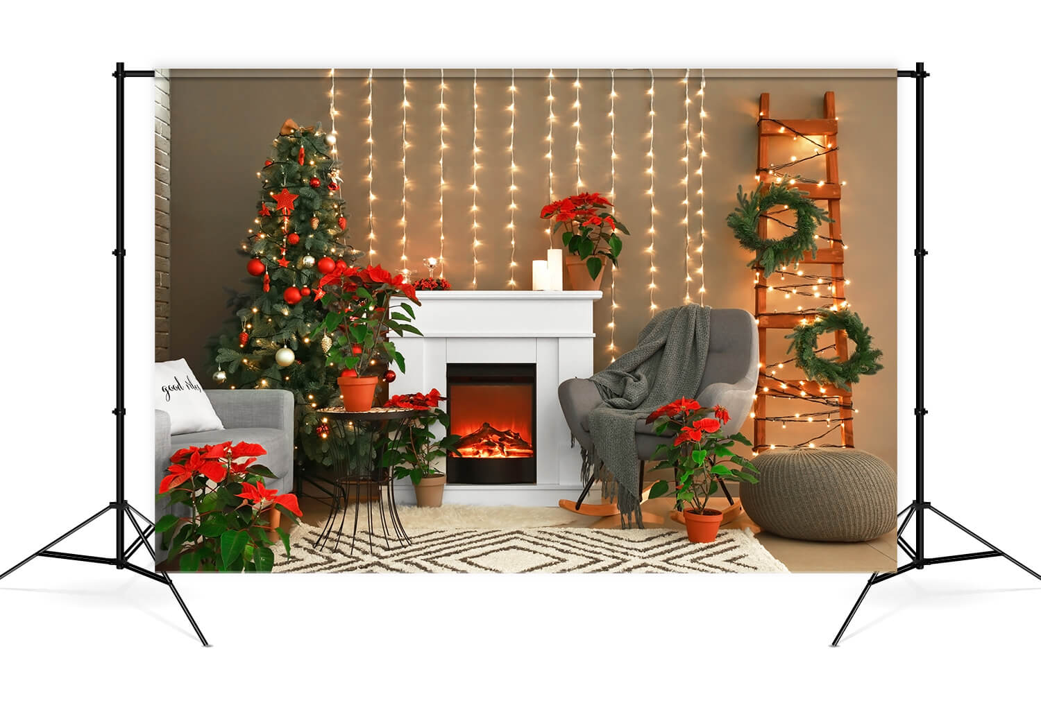 Christmas Cozy Fireplace Lights Tree Backdrop UK M8-69