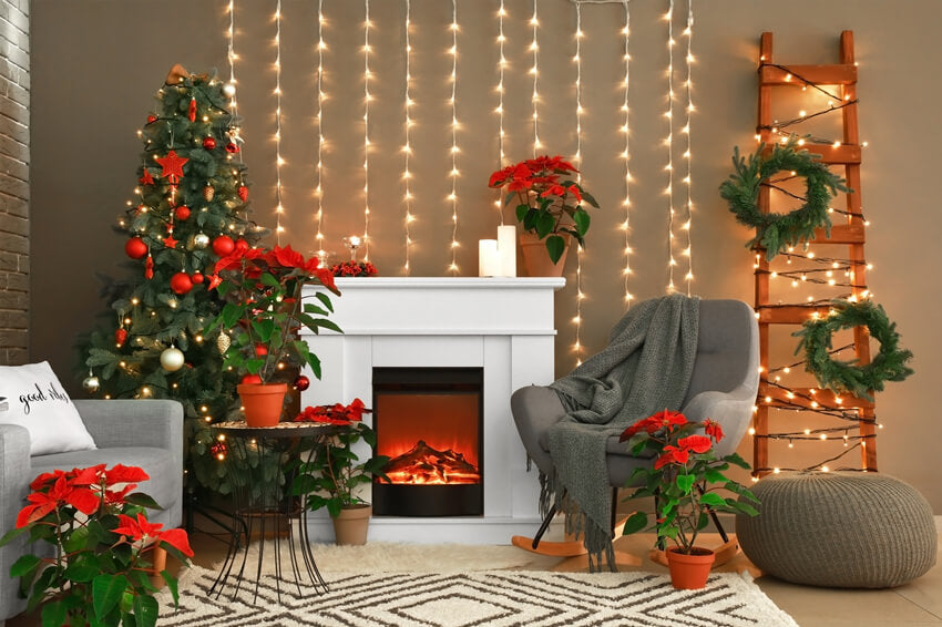 Christmas Cozy Fireplace Lights Tree Backdrop UK M8-69