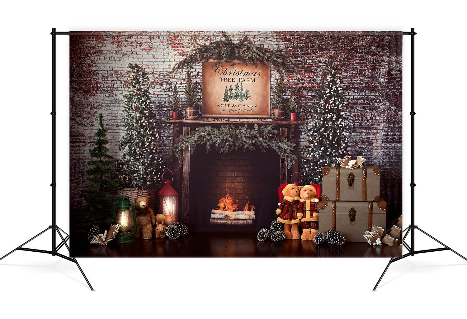 Christmas Tree Fireplace Brick Wall Backdrop UK M8-77