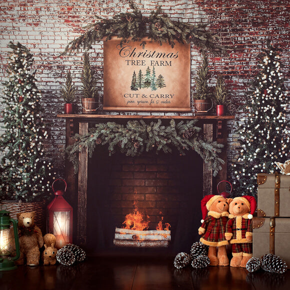 Christmas Tree Fireplace Brick Wall Backdrop UK M8-77