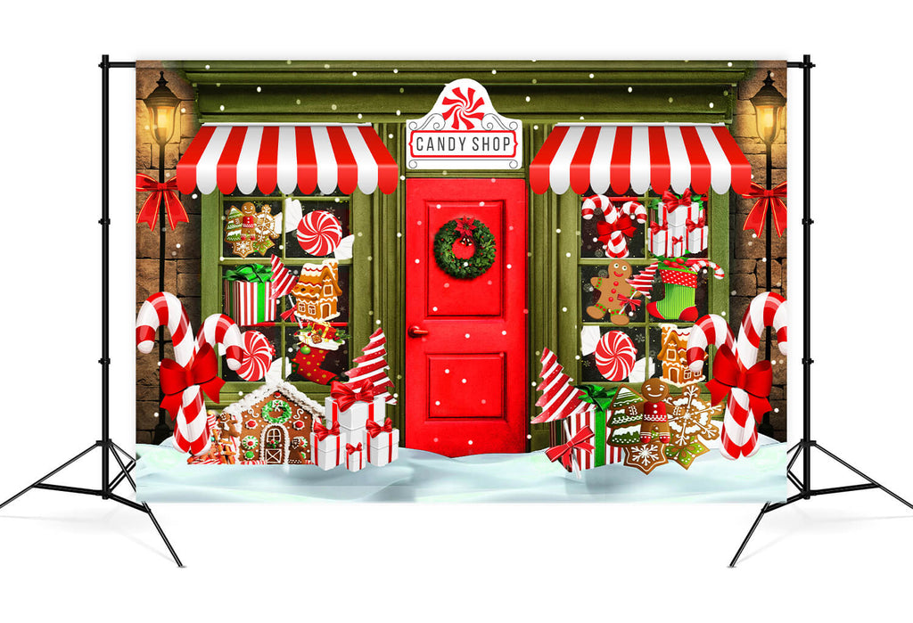 Green Candy Shop Christmas Photography Backdrop UK M8-79 – Dbackdropcouk