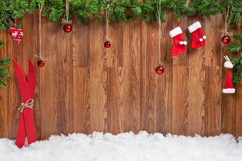 Christmas Stockings Wood Plank Snow Backdrop UK M9-04