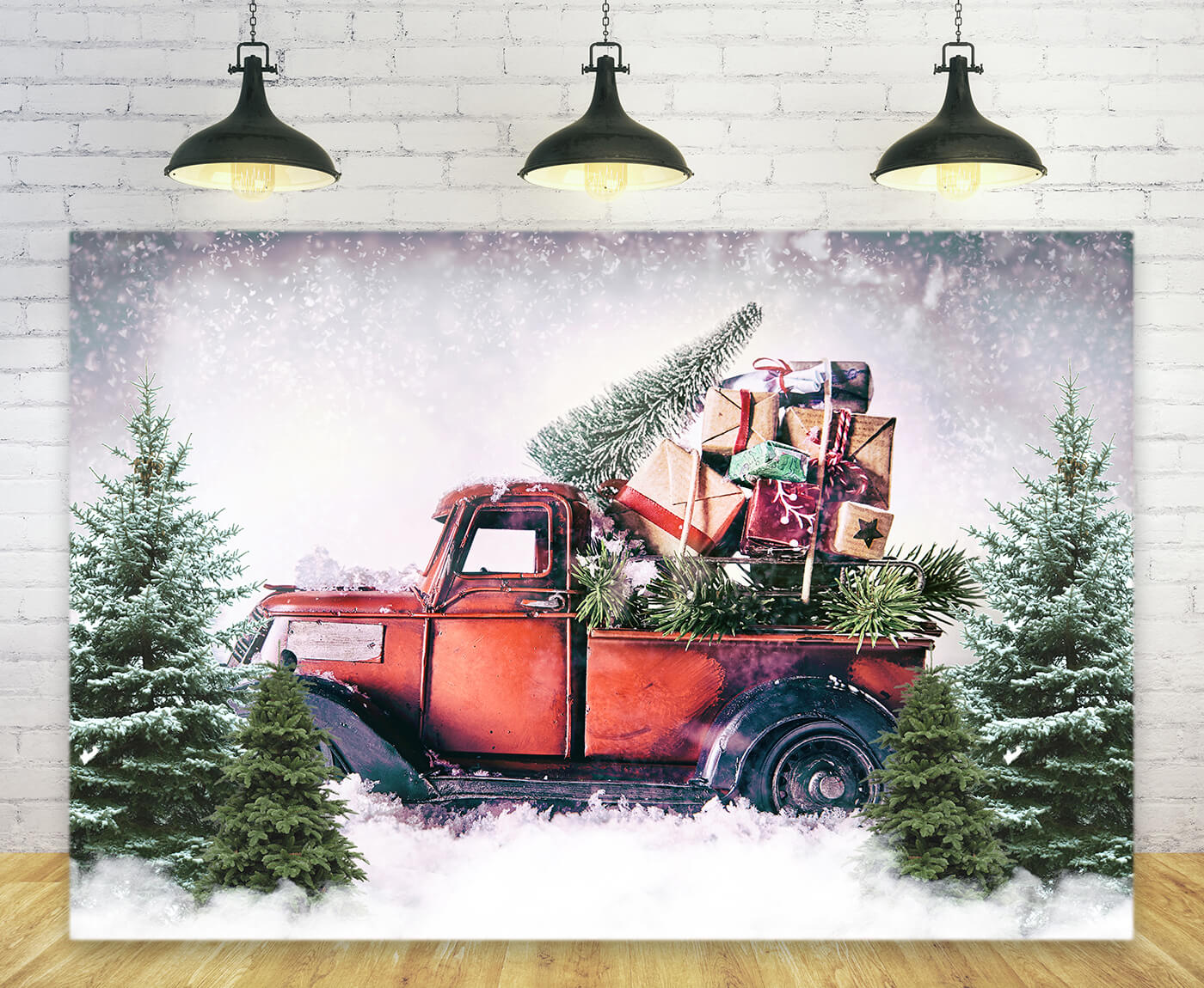 Christmas Red Truck with Pine Tree Gifts Backdrop UK M9-18