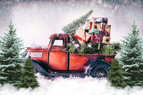 Christmas Red Truck with Pine Tree Gifts Backdrop UK M9-18