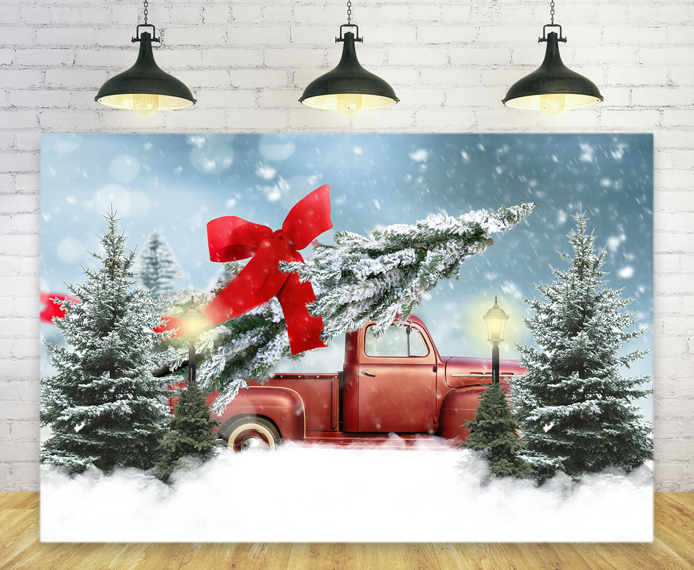 Christmas Tree with Red Bow Red Truck Backdrop UK M9-19