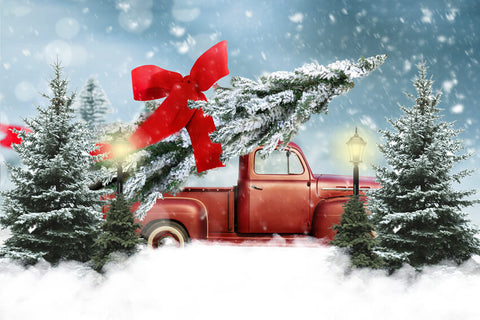 Christmas Tree with Red Bow Red Truck Backdrop UK M9-19