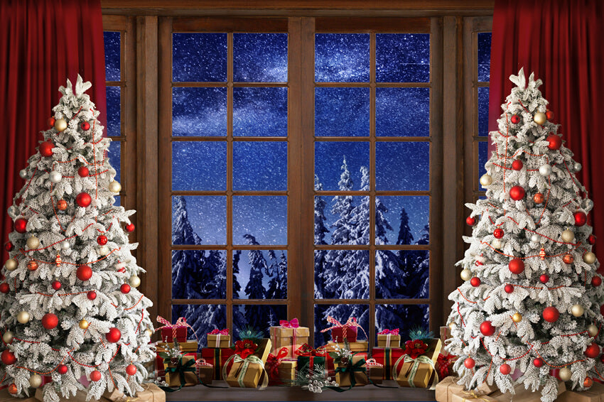 Christmas Tree Window Snowy Forest Backdrop UK M9-20